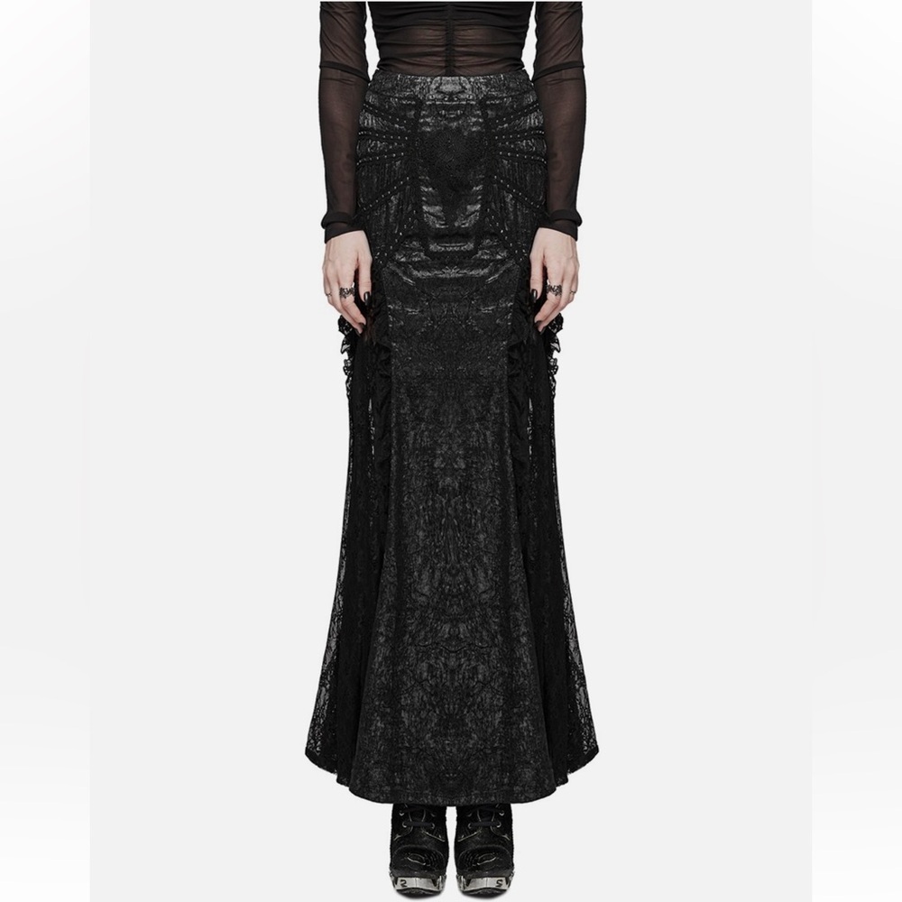 Punk Rave Floral Tribute Casket Maxi Skirt Black Lace Gothic Mermaid - Picture 4 of 16